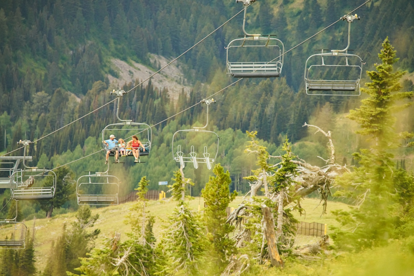 A family of four enjoying a scenic chairlift ride