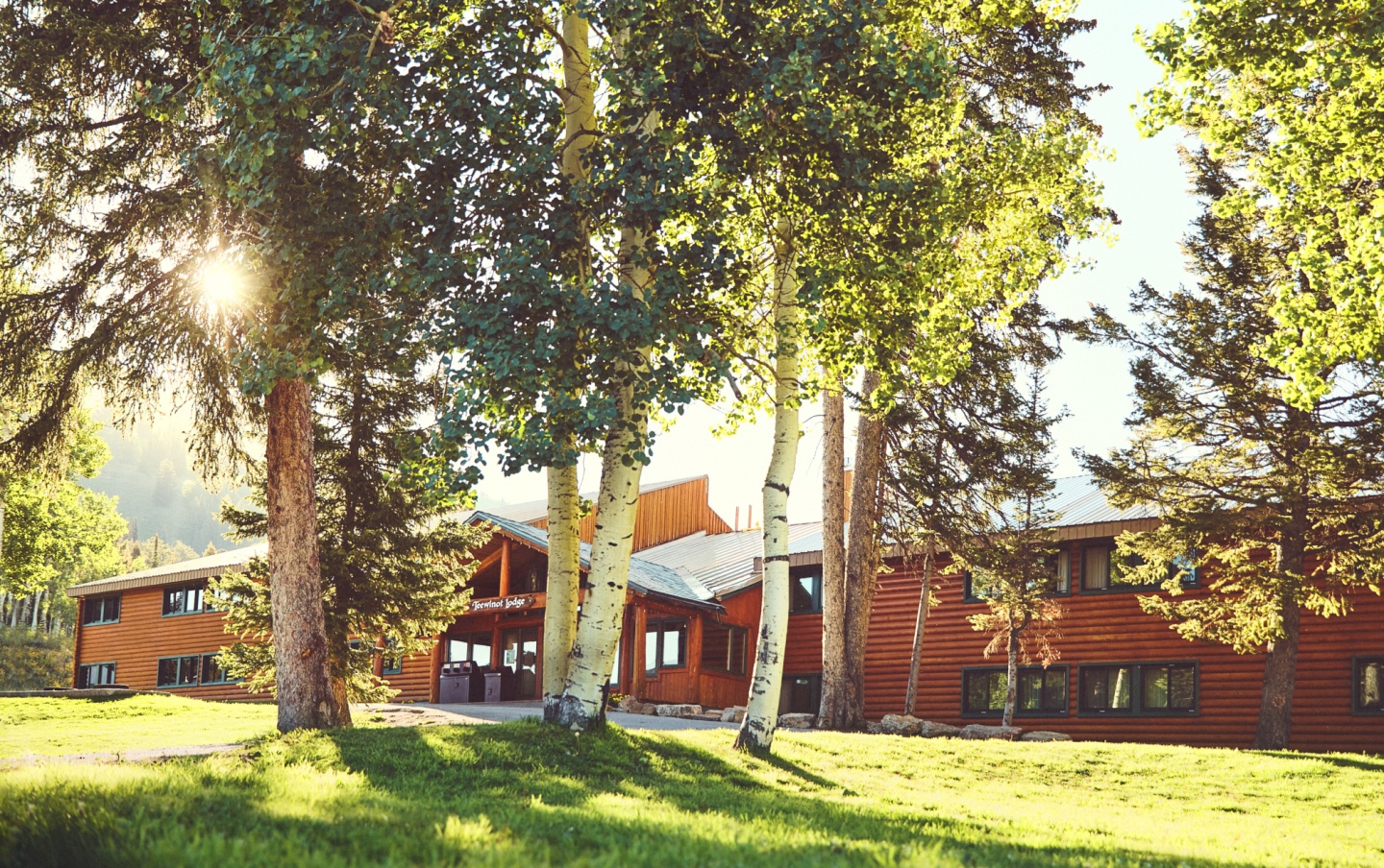 A view of a mountain lodge in summer