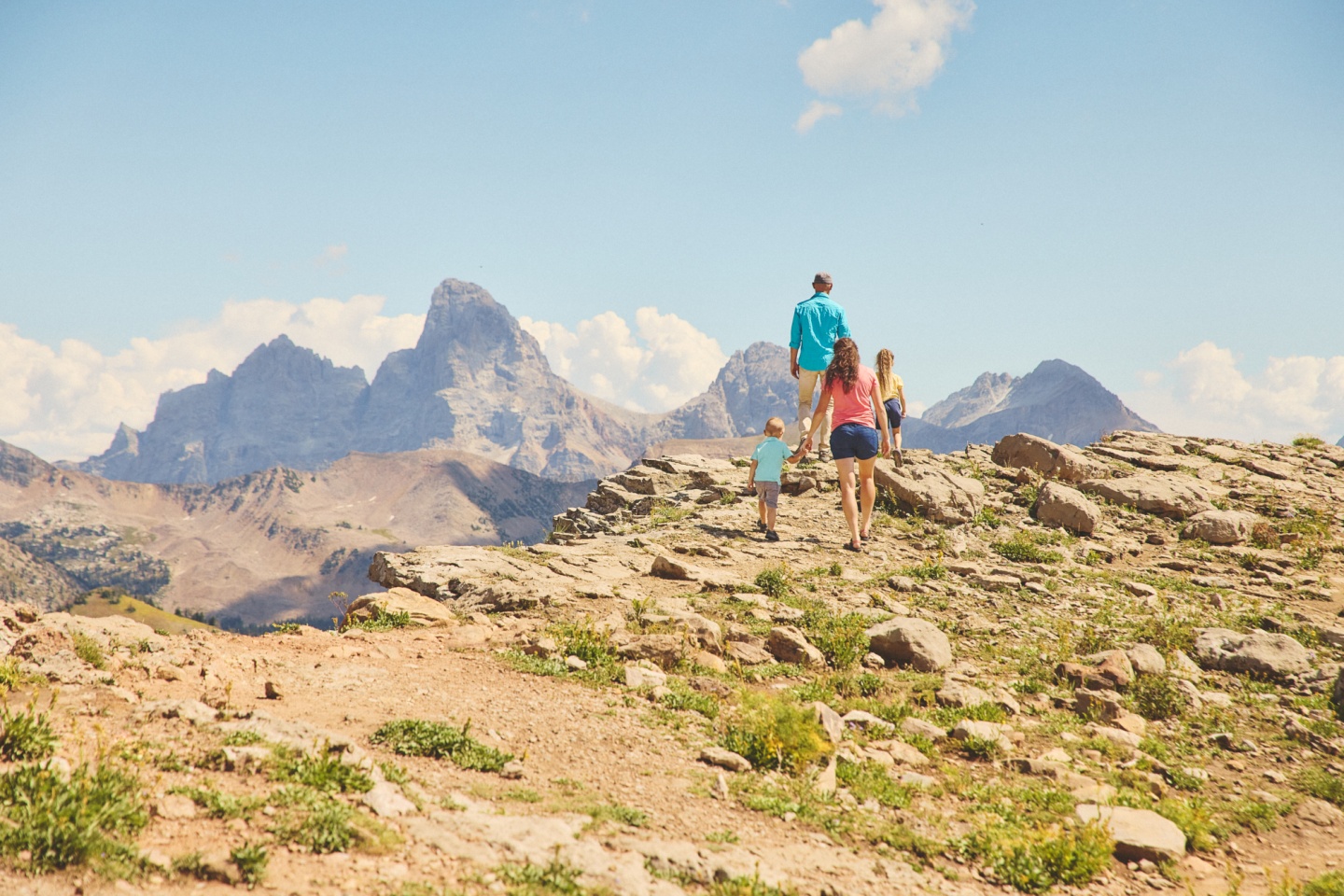 A family hiking on a mountain in summer
