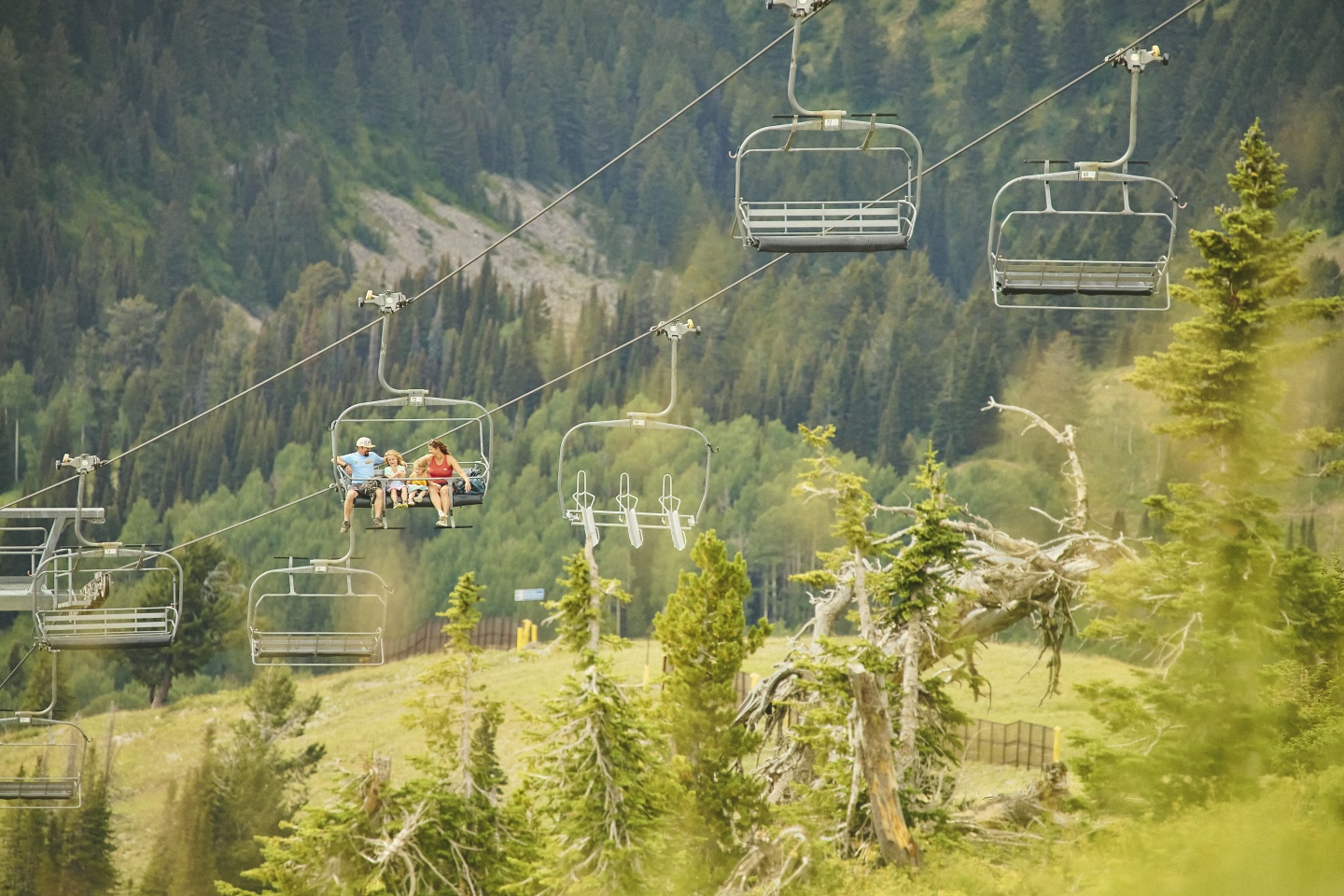 A family of four enjoying a scenic chairlift ride