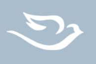 White dove logo on a light blue background.