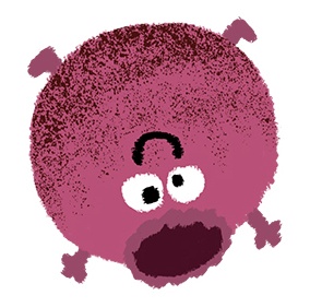 Cartoon purple huckleberry with a surprised face and small limbs.