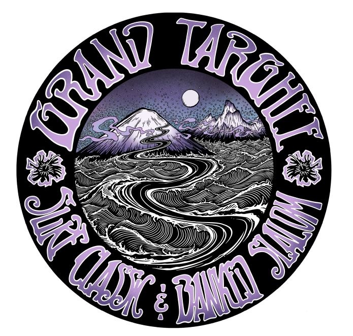 Circular graphic with mountains, river under a moonlit sky, and stylized text around it.