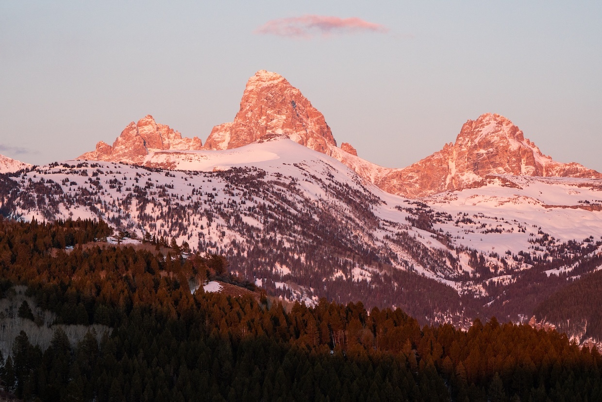 Snow-covered mountains at sunrise with orange-pink sky and forest below.
