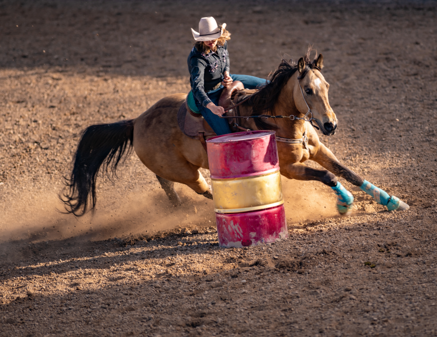 Horse and rider in rodeo, turning sharply around red barrels.