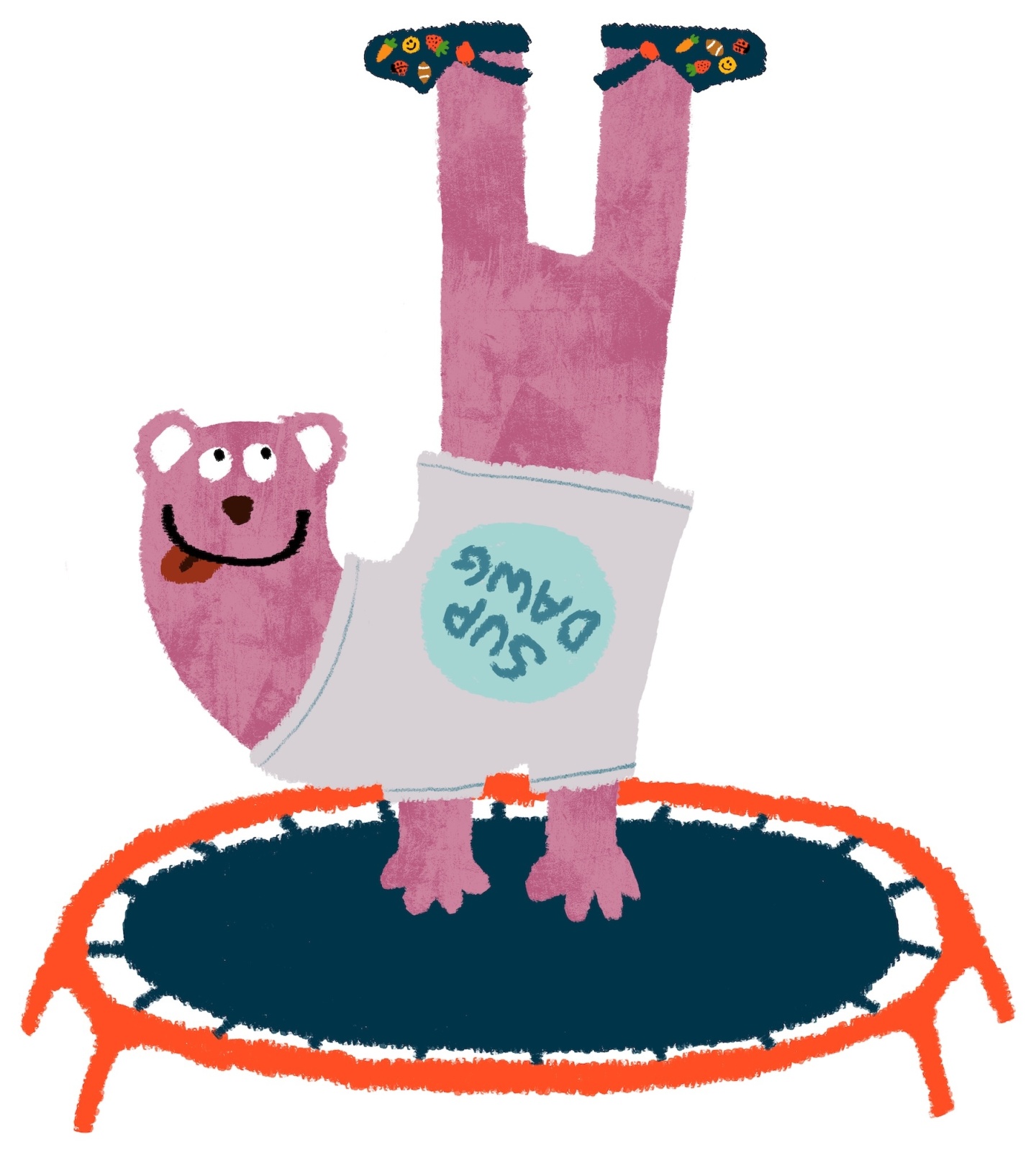 Pink cartoon bear doing a handstand on an orange trampoline.