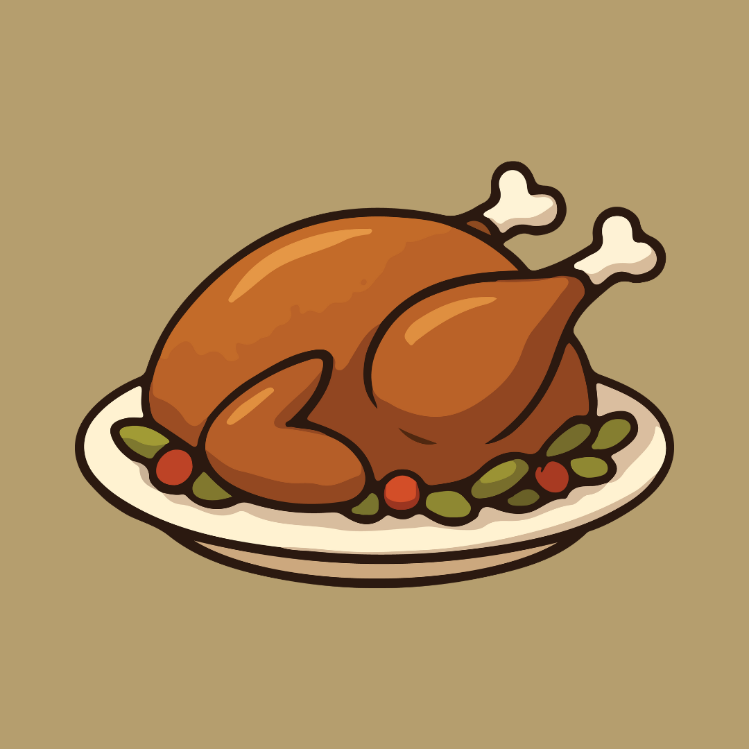 Roasted turkey on a platter with garnish, graphic illustration.