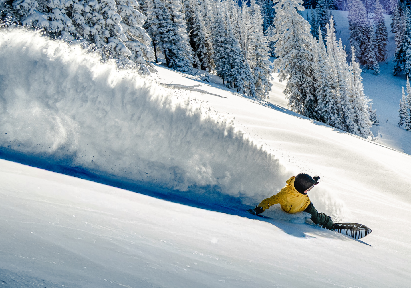 Snowboarder in yellow jacket carving through fresh powder on a snowy hillside.