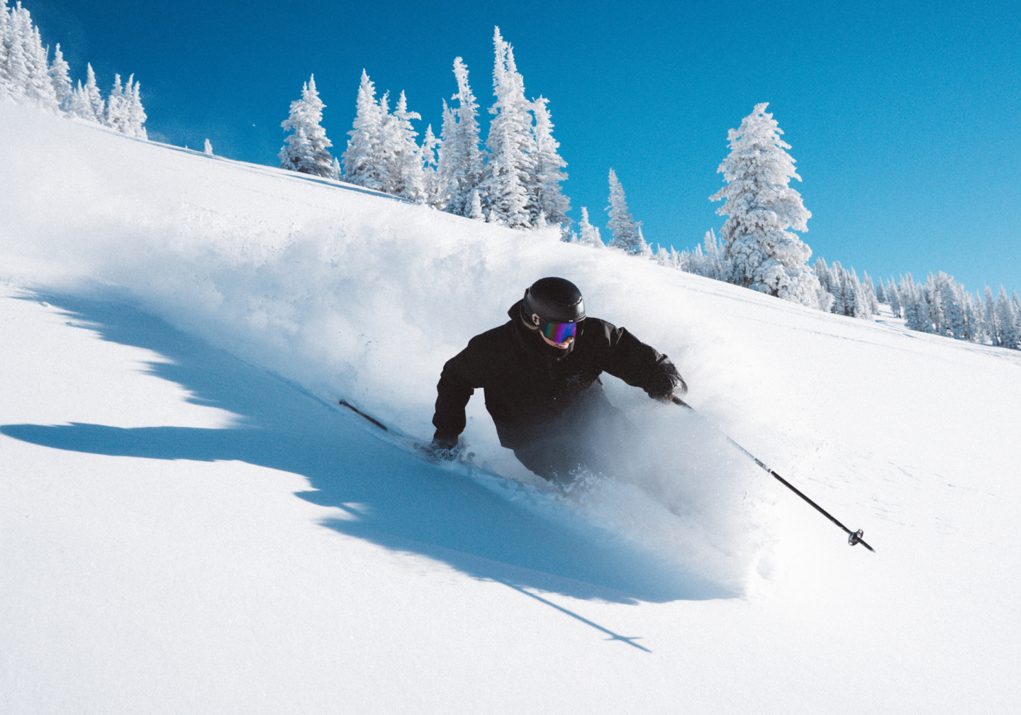 Skier in black gear carving through fresh snow under clear blue sky.
