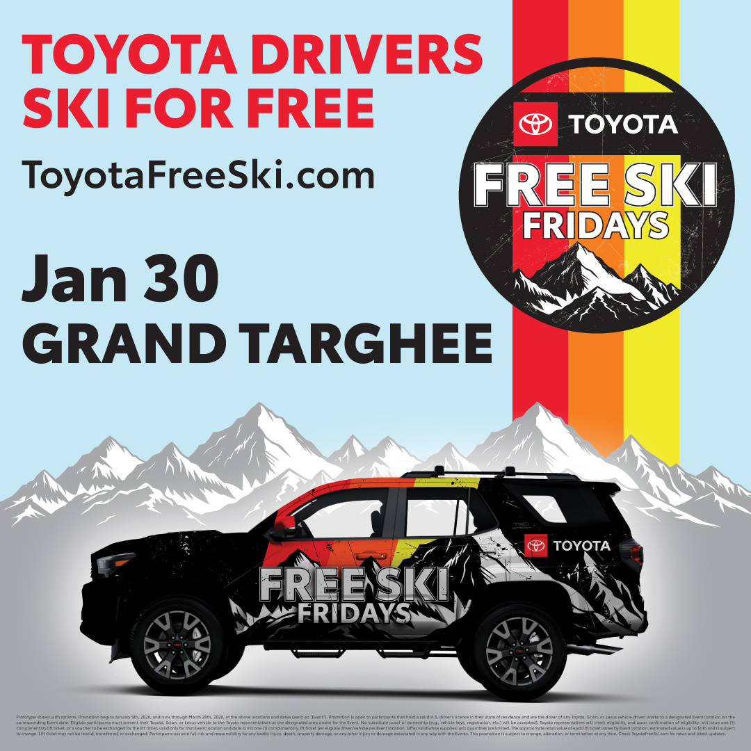 Toyota SUV, Free Ski Fridays logo, snowy mountains background.