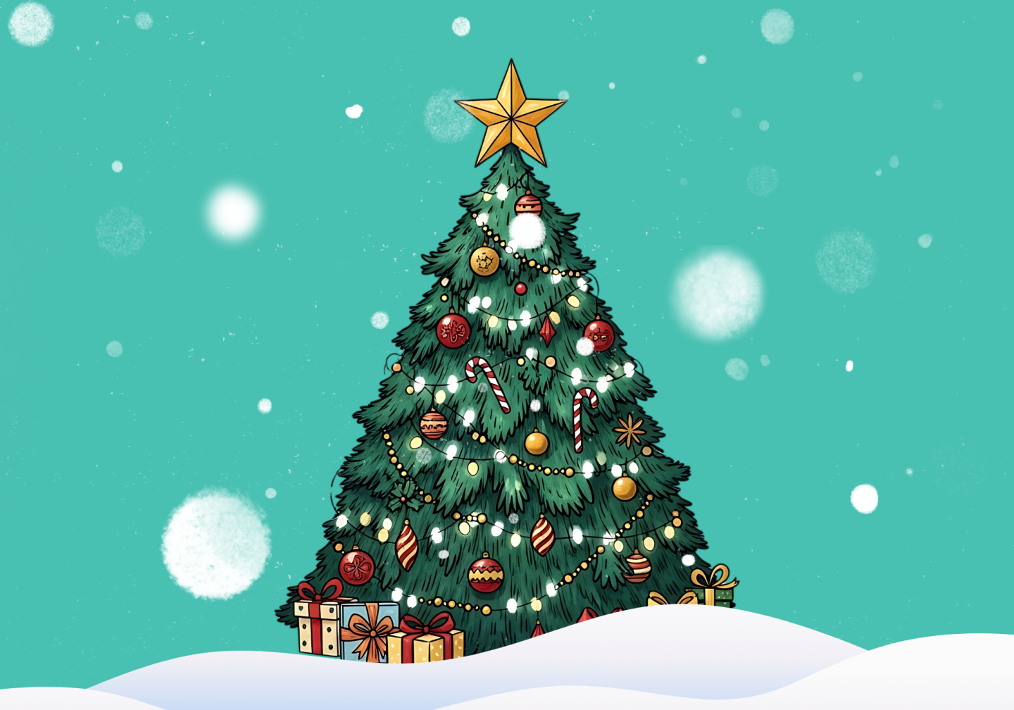 Christmas tree with ornaments and star topper in snowy landscape.