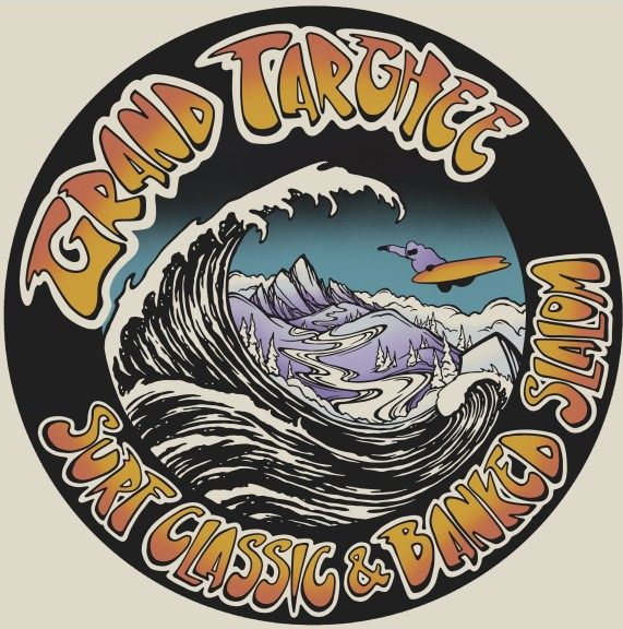 Grand Targhee logo with a wave and mountains, surfer riding.