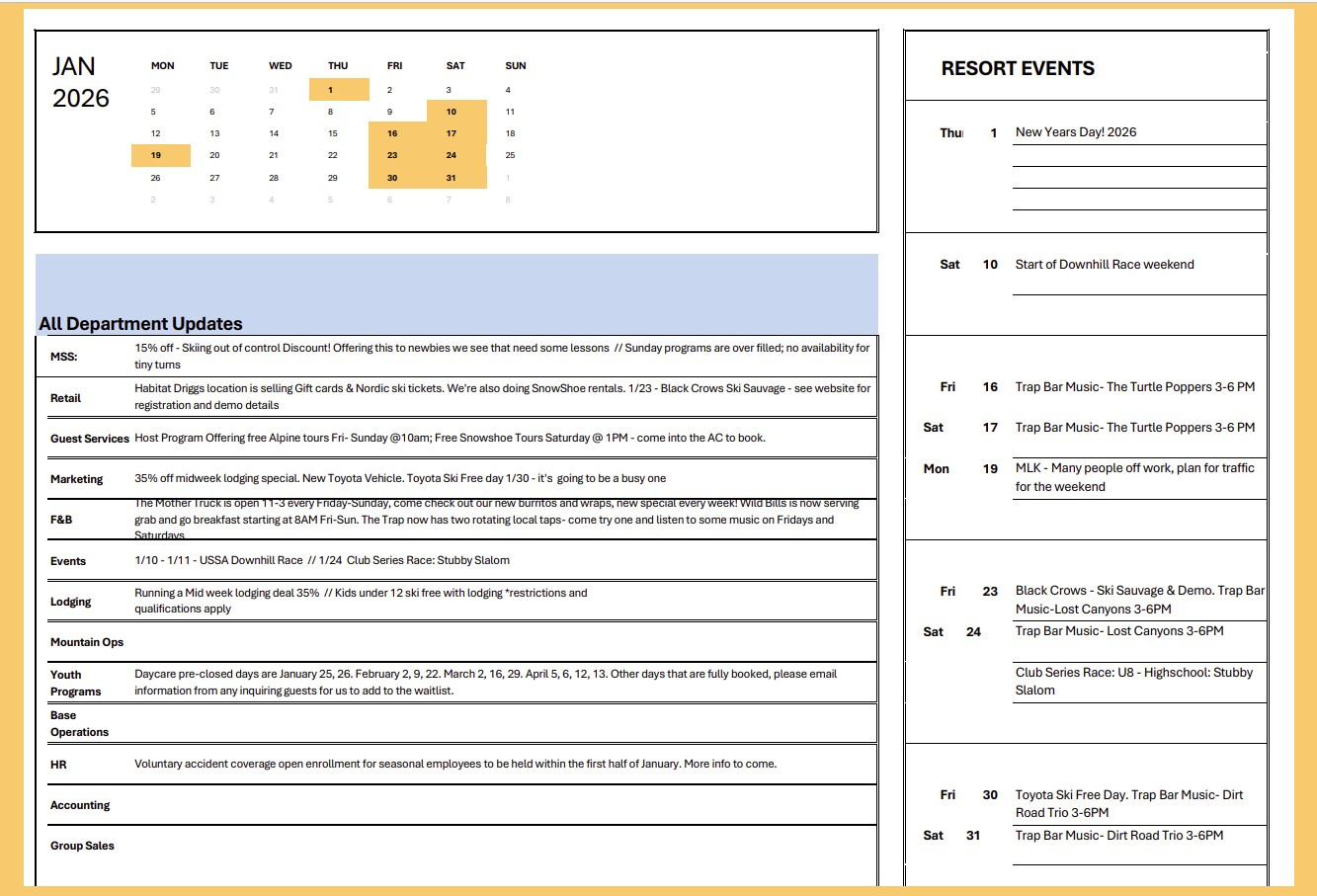 Calendar and event schedule with January dates, updates, and resort events.