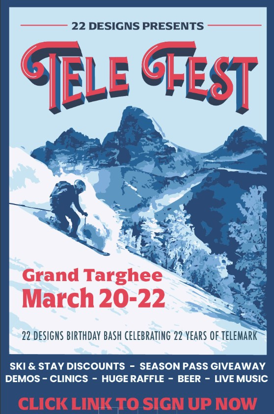 Tele Fest poster with snowy mountain backdrop, March 20-22 at Grand Targhee.