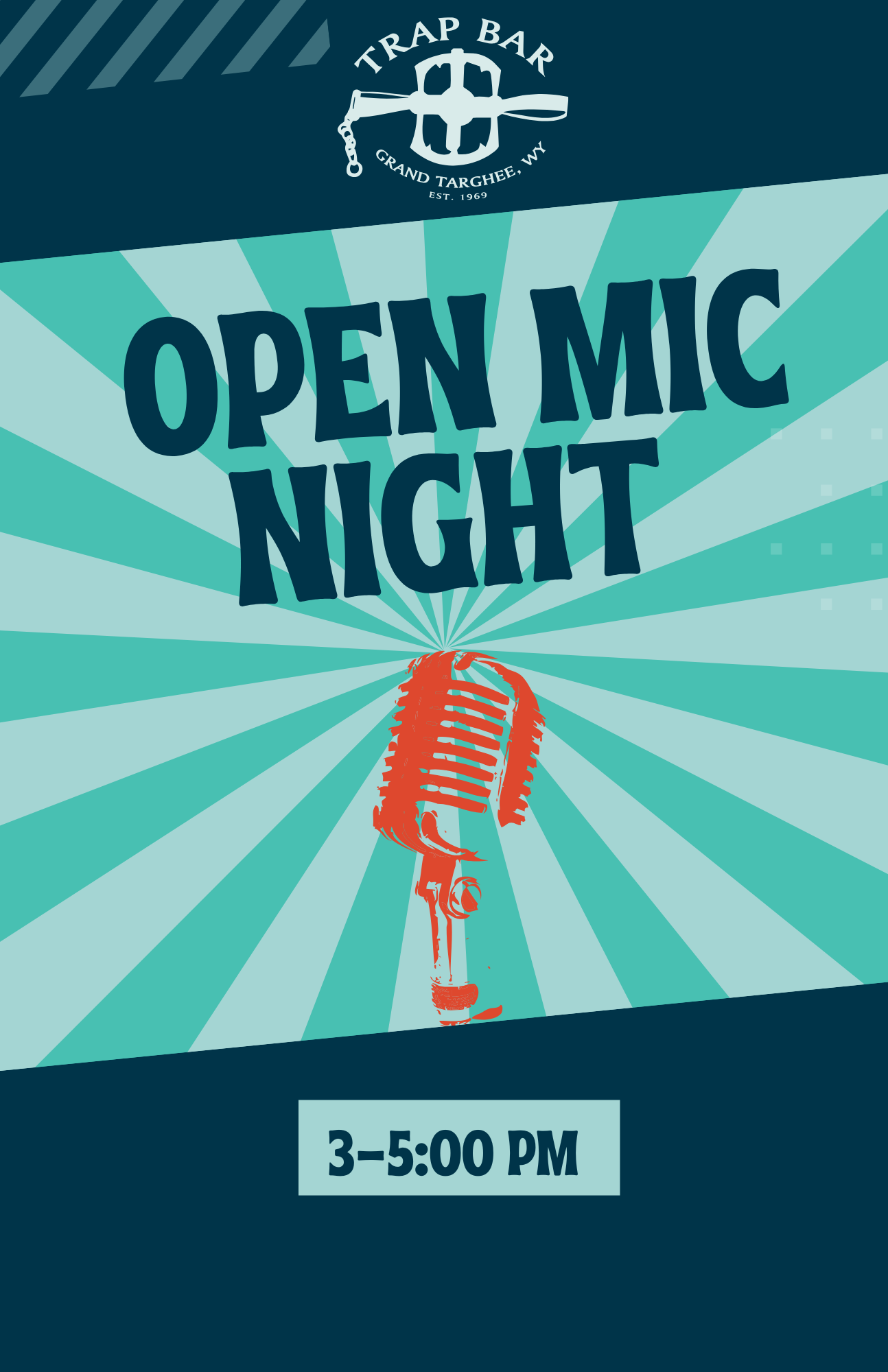 Open mic night poster with red microphone graphic.