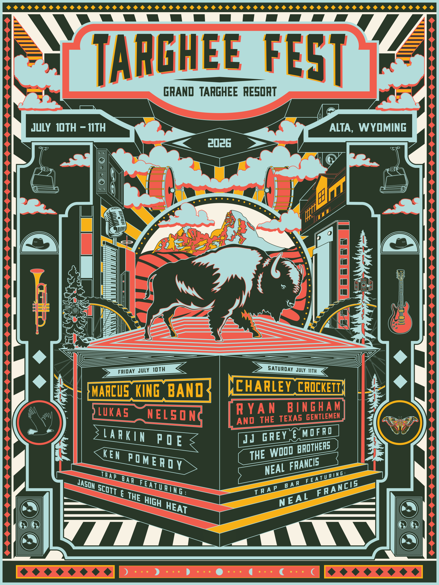 Colorful graphic poster featuring a bison on a box, mountains in the background.