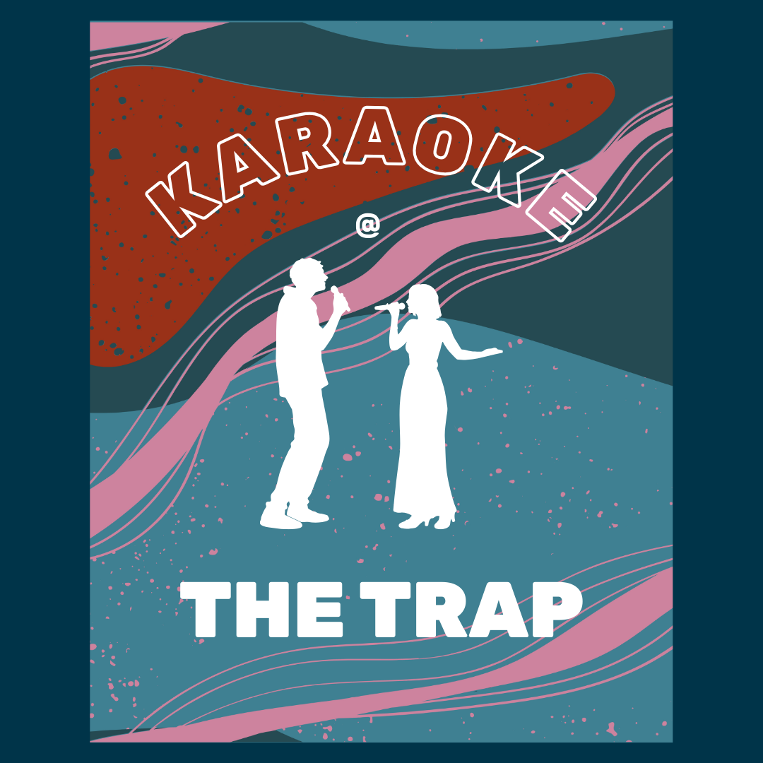 Karaoke graphic with silhouettes singing on colorful abstract background.