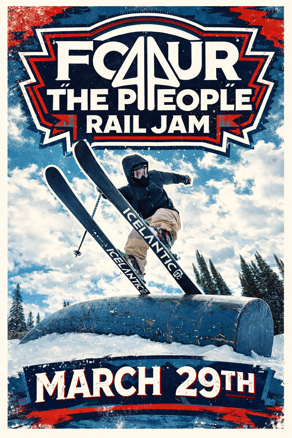 Skier doing a jump on a rail with cloudy sky background.