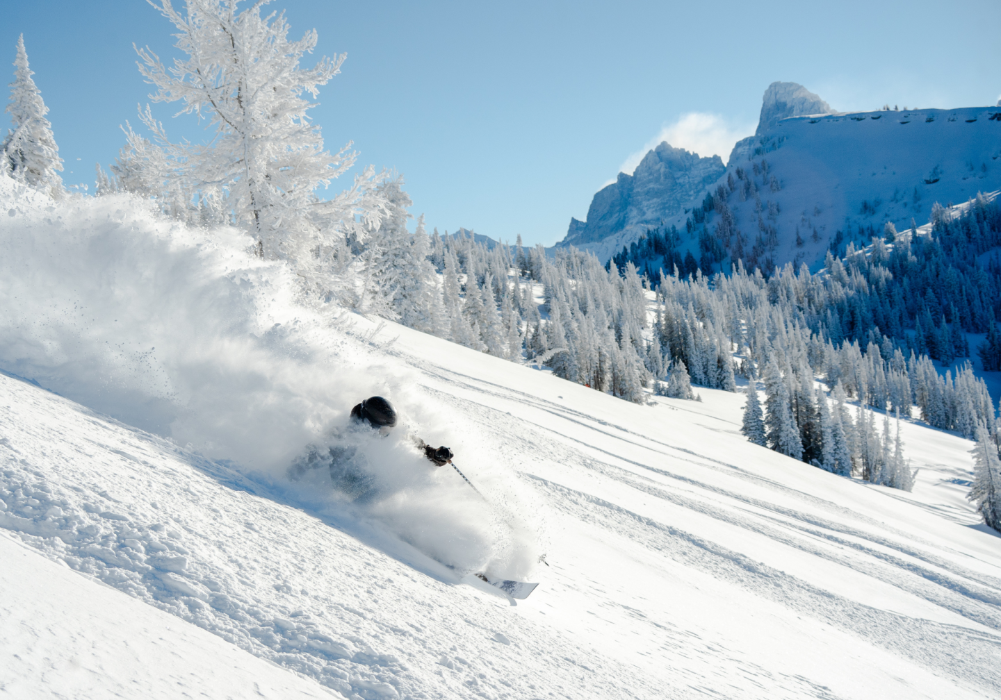 Skier carving through fresh powder on a snowy mountain slope.