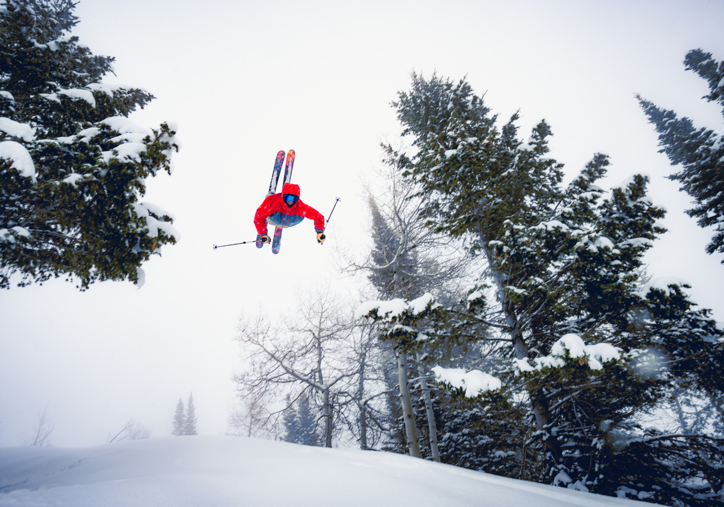 Skier in red jacket mid-air with snowy pine trees in background.
