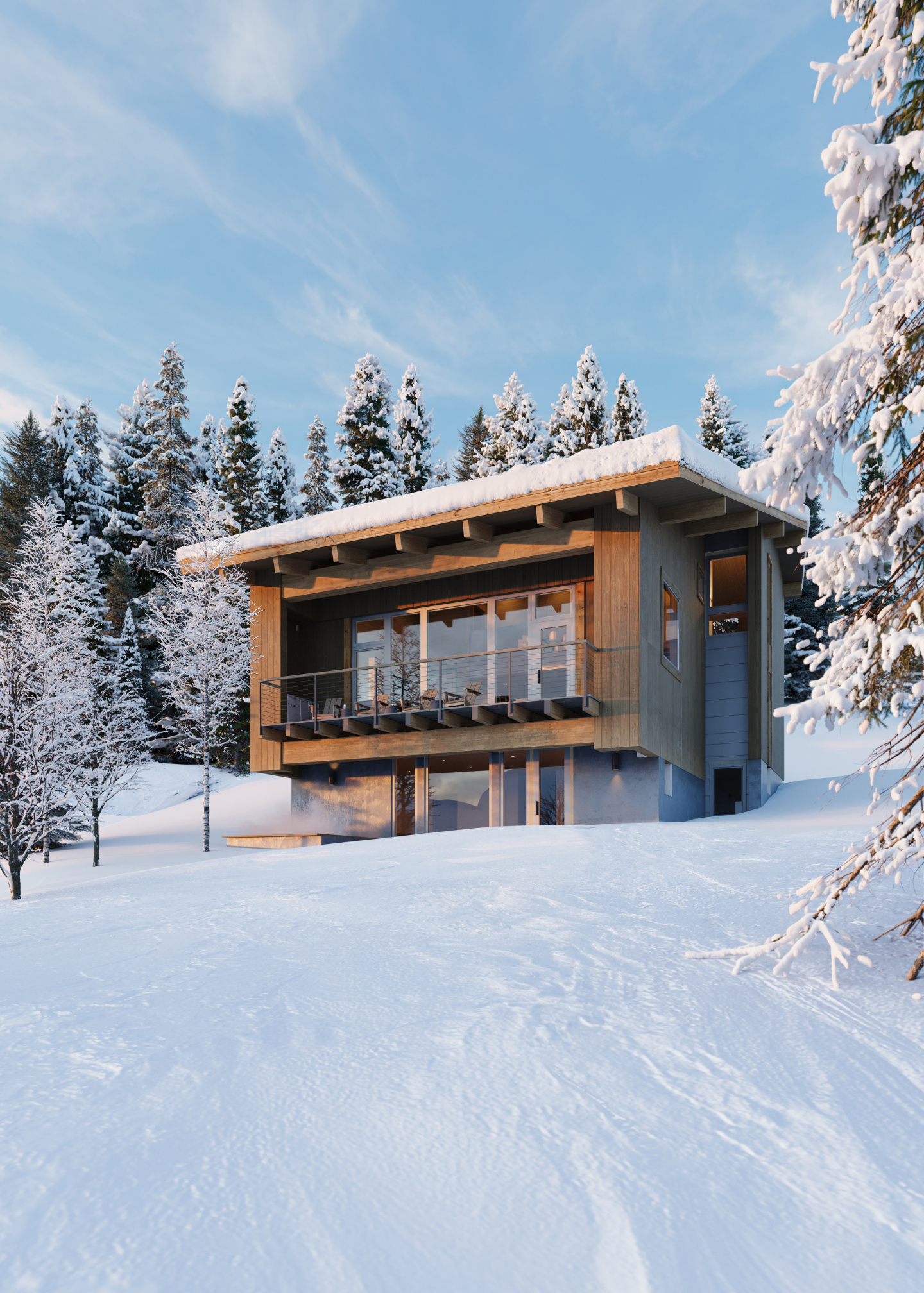 Modern house in snowy forest, under clear blue sky.