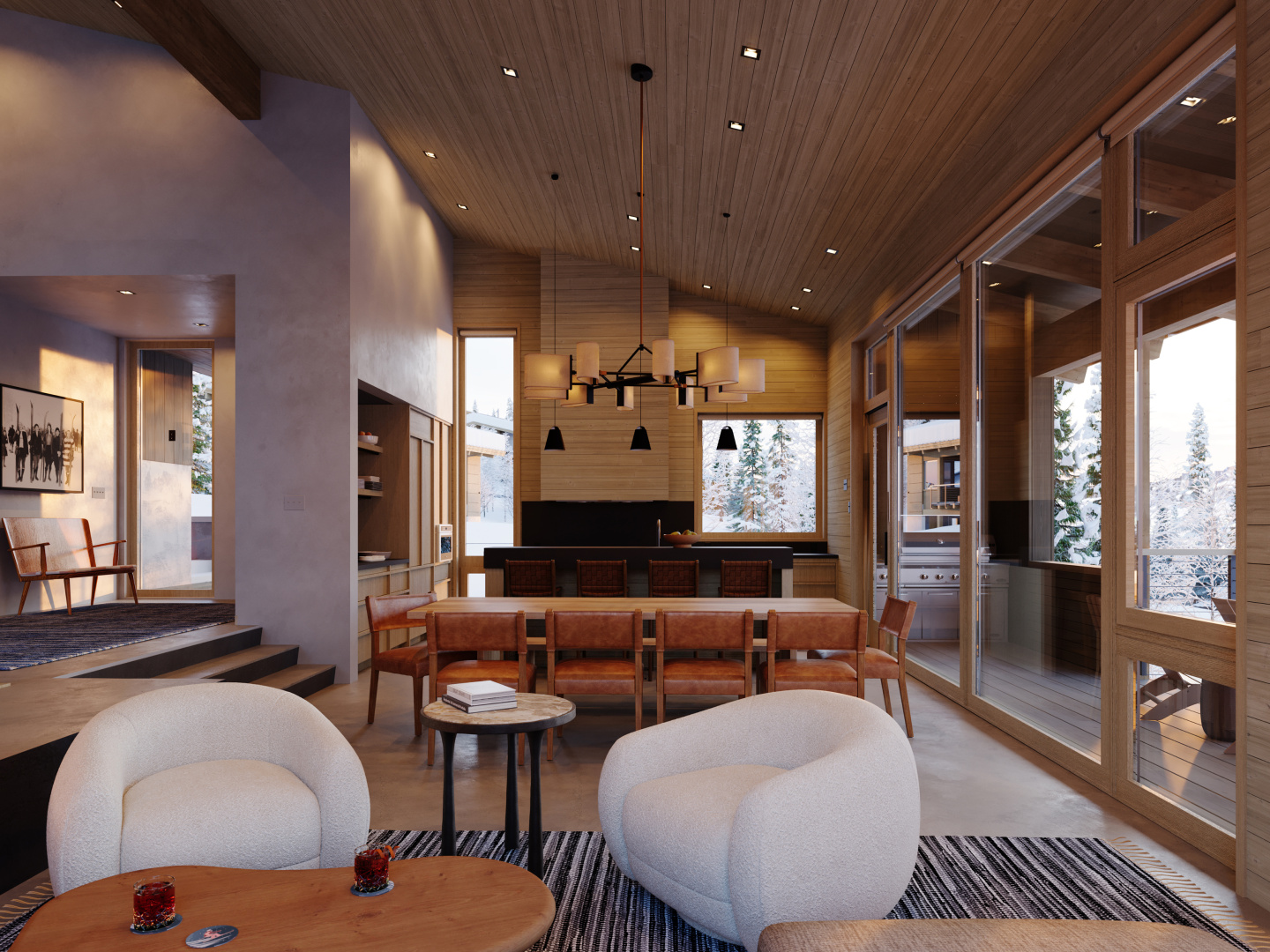 Modern, cozy living room with large windows, beige chairs, and warm lighting.