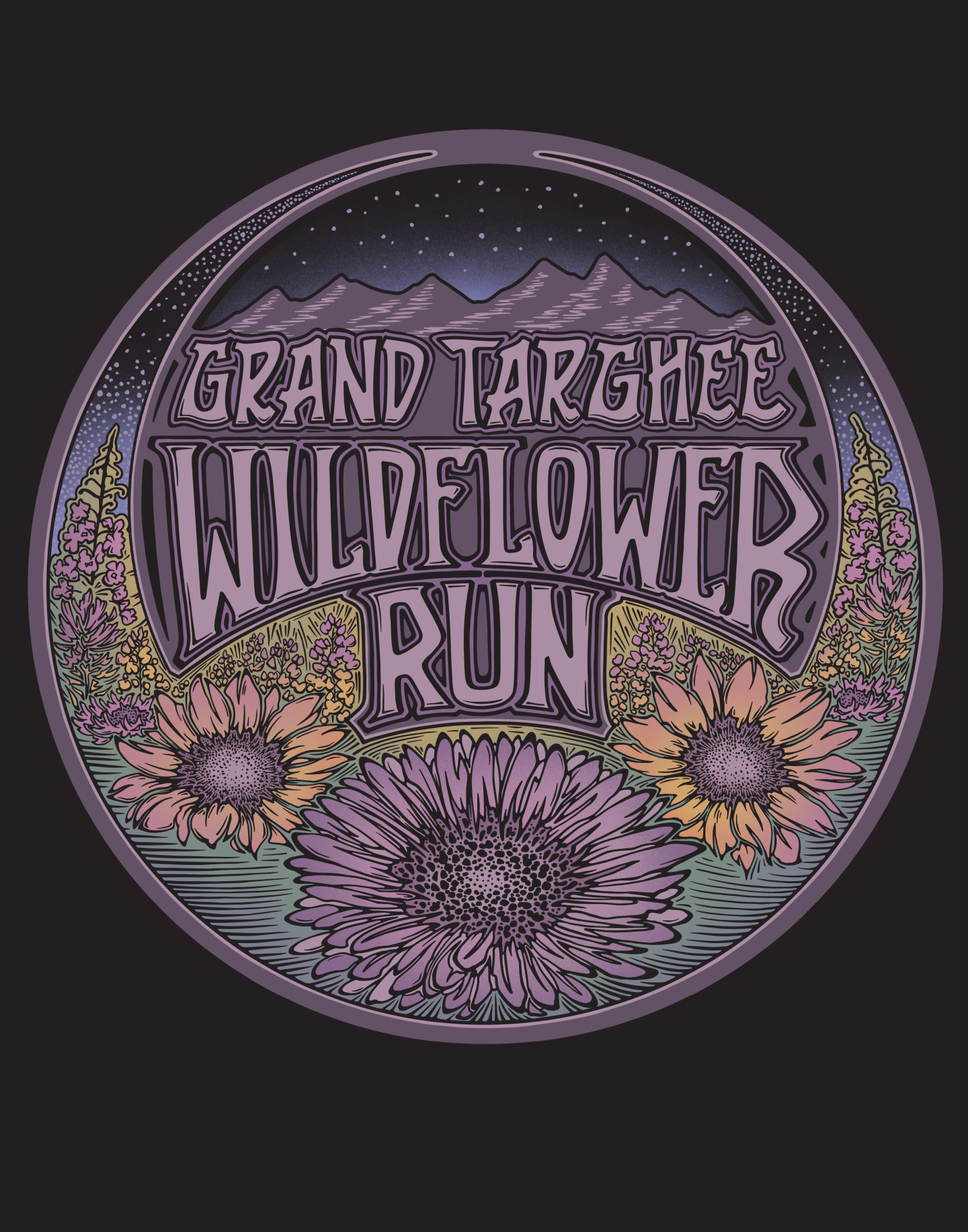 Grand Targhee Wildflower Run logo with flowers and mountains.