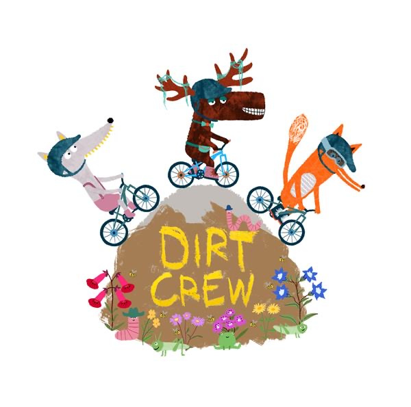 Cartoon animals biking over a hill labeled "Dirt Crew."