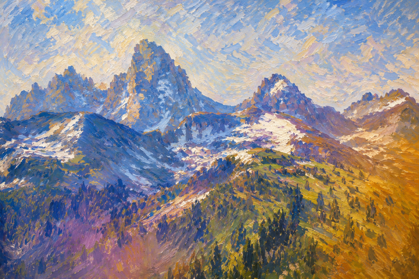 Impressionist painting of a mountain landscape with colorful sky and snowy peaks.