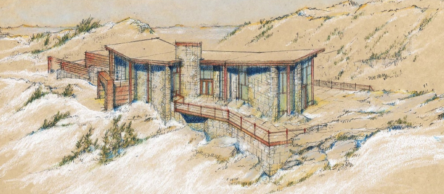 building sketch with stone walls and flat roof