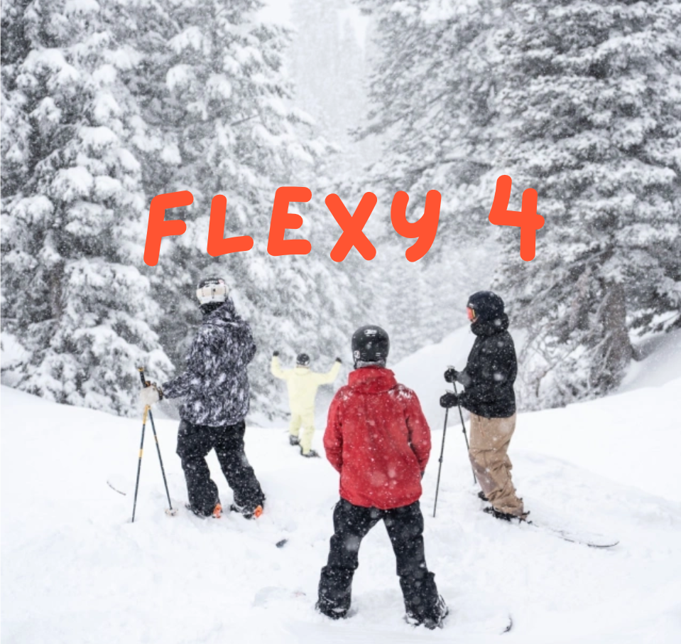 Three snowboarders in a snowy forest, with red text “FLEXY 4” above.