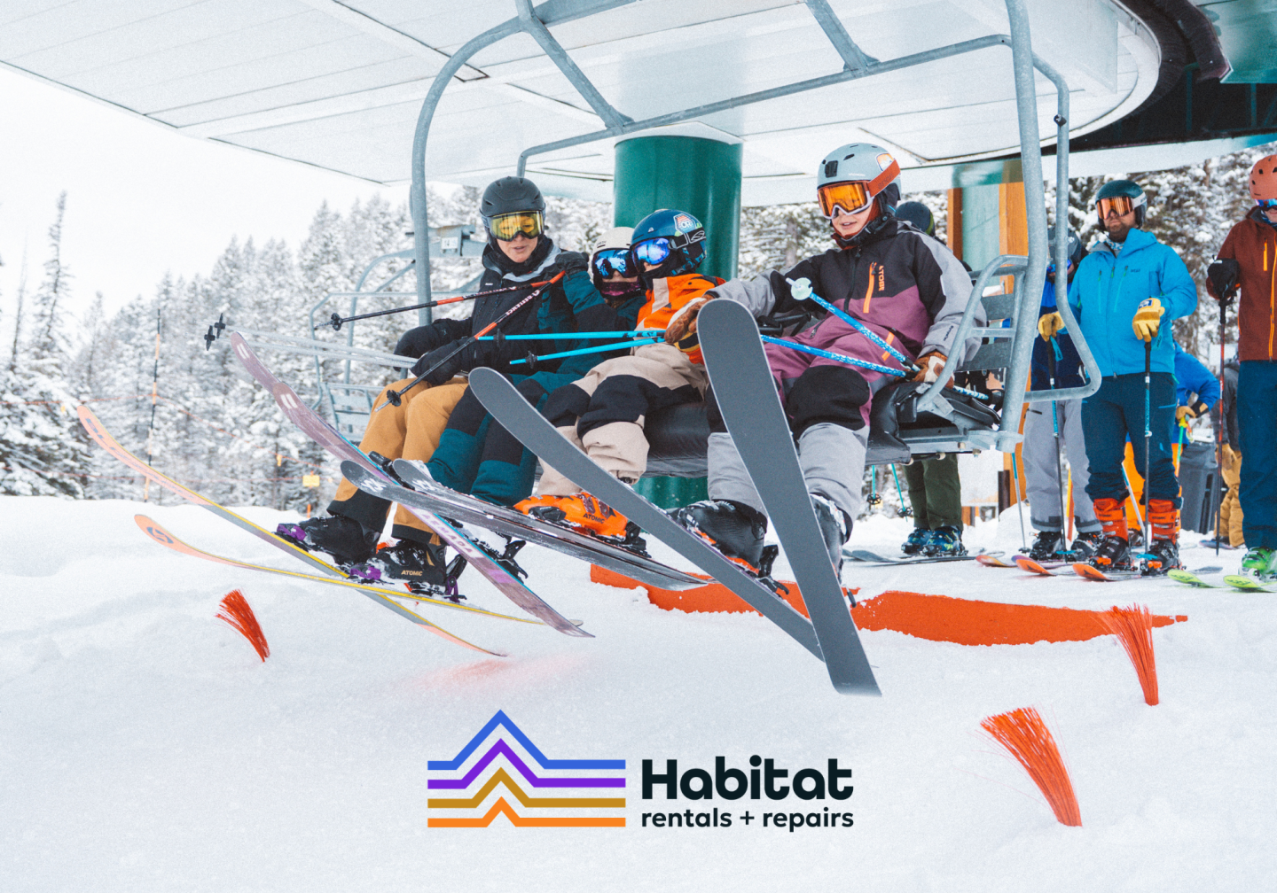 Skiers at a snowy lift station, with Habiatol travel logo below.