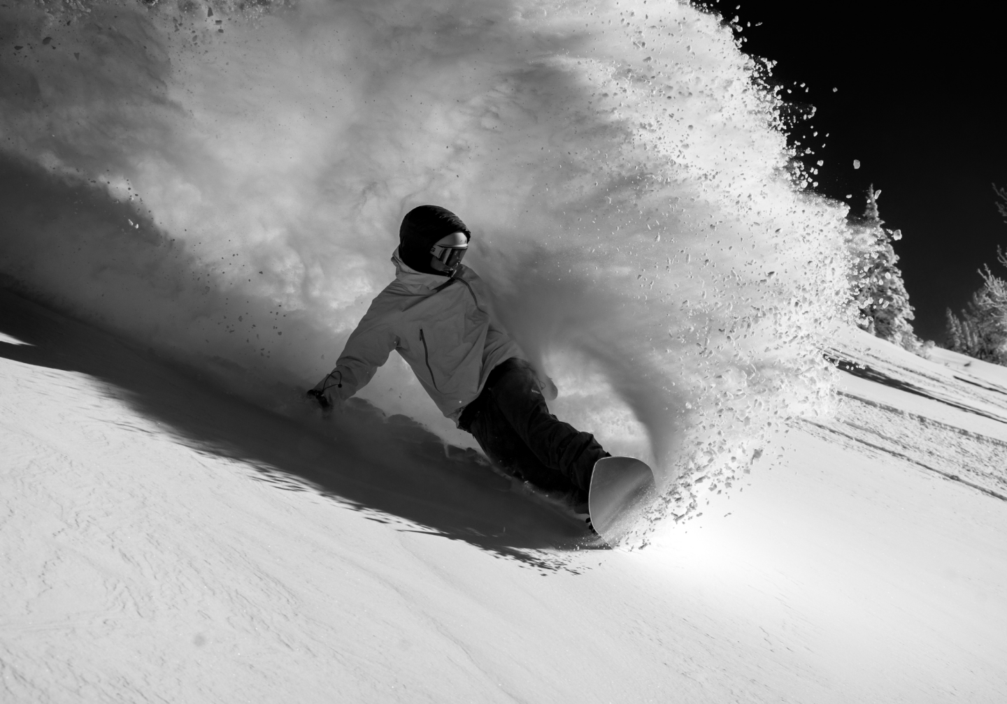 Snowboarder carving through powder on a snowy slope.